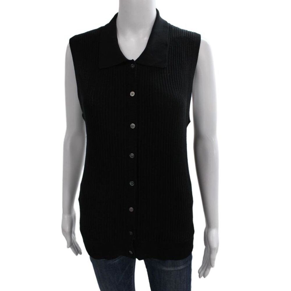 CO Women Cardigan Collared Button Silk Sleeveless Black Fall Size S